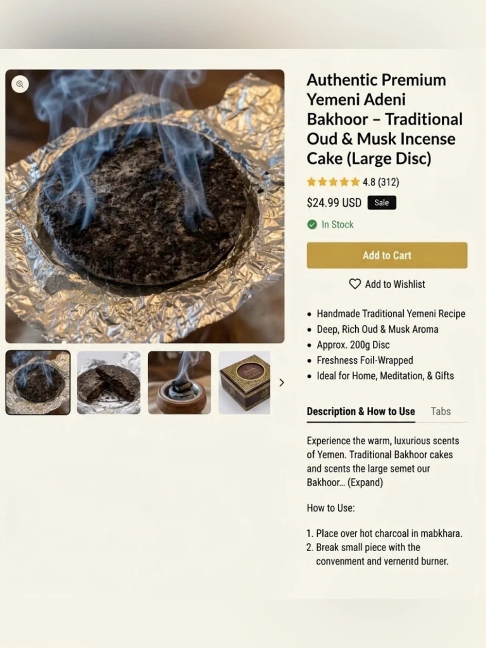 Authentic Premium Yemeni Adeni Bakhoor Oud & Musk Incense Cake - Black